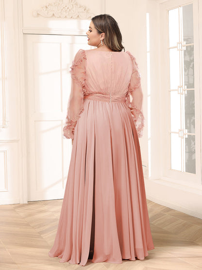 A-Linie/Princess-Linie V-Ausschnitt Lange Ärmel Chiffon Empire-Linie Große Größen Brautjungfernkleider