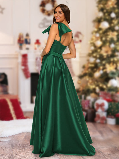 A-Linie/Princess-Linie One-Shoulder-Träger Bodenlang Weihnachtskleider mit Schlitz an der Seite