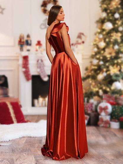 A-Linie/Princess-Linie One-Shoulder-Träger Ärmellos Bodenlang Geraffte Weihnachtskleider mit Seitenschlitz