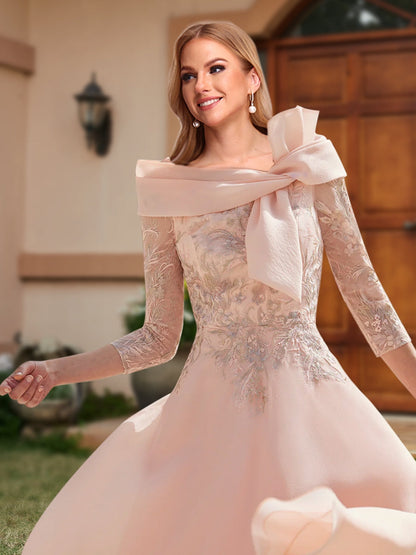 A-Line/Princess Off-the-Shoulder Ankle-Length Mother of the Bride Dresses With Bow(s) & Appliques