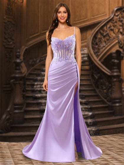 Trumpet/Mermaid Spaghetti Straps Long Pleated Evening Dresses with Split Side & Appliques