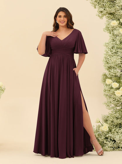 A-Linie V-Ausschnitt Halbarm Plus Size Chiffon Brautjungfernkleider mit Schlitz an der Seite