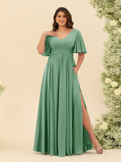 A-Linie V-Ausschnitt Halbarm Plus Size Chiffon Brautjungfernkleider mit Schlitz an der Seite