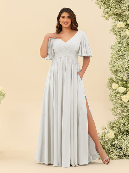 A-Linie V-Ausschnitt Halbarm Plus Size Chiffon Brautjungfernkleider mit Schlitz an der Seite