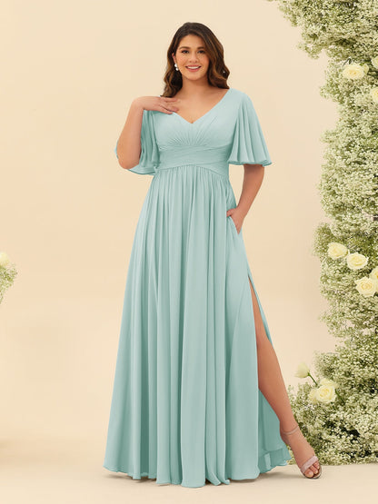 A-Linie V-Ausschnitt Halbarm Plus Size Chiffon Brautjungfernkleider mit Schlitz an der Seite