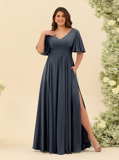 A-Linie V-Ausschnitt Halbarm Plus Size Chiffon Brautjungfernkleider mit Schlitz an der Seite