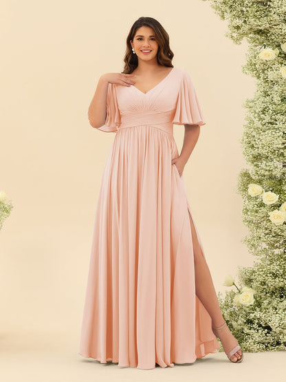 A-Linie V-Ausschnitt Halbarm Plus Size Chiffon Brautjungfernkleider mit Schlitz an der Seite