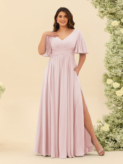 A-Linie V-Ausschnitt Halbarm Plus Size Chiffon Brautjungfernkleider mit Schlitz an der Seite