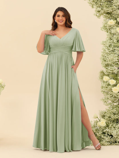 A-Linie V-Ausschnitt Halbarm Plus Size Chiffon Brautjungfernkleider mit Schlitz an der Seite