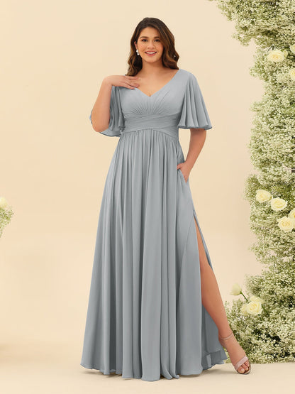 A-Linie V-Ausschnitt Halbarm Plus Size Chiffon Brautjungfernkleider mit Schlitz an der Seite