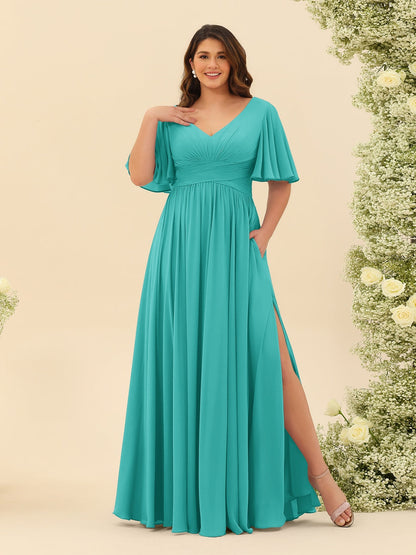 A-Linie V-Ausschnitt Halbarm Plus Size Chiffon Brautjungfernkleider mit Schlitz an der Seite