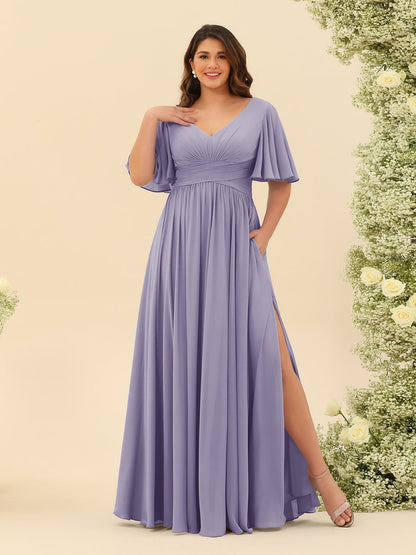 A-Linie V-Ausschnitt Halbarm Plus Size Chiffon Brautjungfernkleider mit Schlitz an der Seite