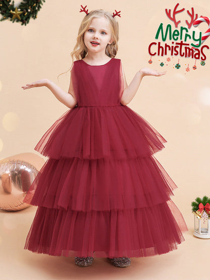 Tüll Ballkleid U-Ausschnitt Ärmellos Knöchellang Weihnachtskleider für Mädchen