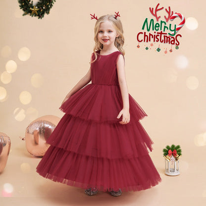 Tüll Ballkleid U-Ausschnitt Ärmellos Knöchellang Weihnachtskleider für Mädchen