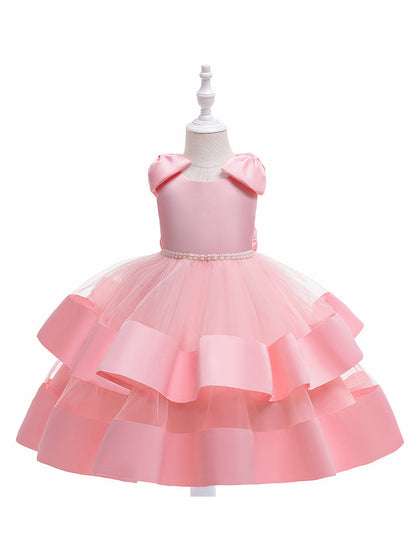 Prinzessin Ballkleid U-Ausschnitt Stufenkleid Blumenmädchenkleider mit Perlen