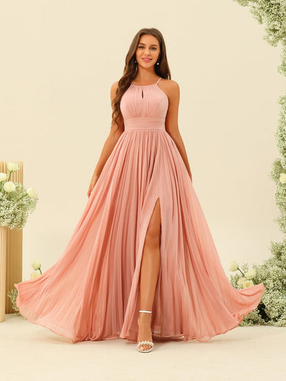 A-Line/Princess Halter Sleeveless Long Bridesmaid Dresses with Split Side & Ruffles