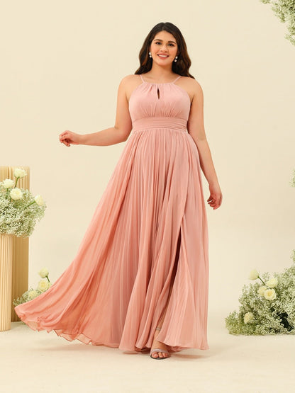 A-Line/Princess Halter Sleeveless Long Bridesmaid Dresses with Split Side & Ruffles