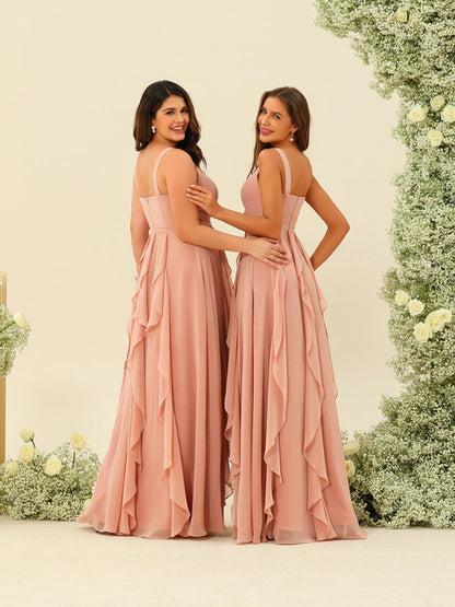 A-Line/Princess V-Neck Sleeveless Long Plus Size Ruched Bridesmaid Dresses with Ruffles