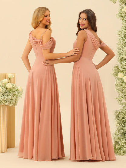 A-Line/Princess Cowl Neck Floor-Length Chiffon Long Bridesmaid Dresses with Split Side