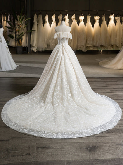 Ärmellose Trägerlose Hofschleppe aus Tüll mit Rüschen Und Stern-Ballkleid-Hochzeitskleidern