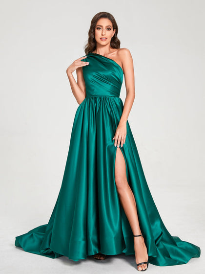 A-Linie/Princess-Linie One-Shoulder-Träger Ärmellos Satin mit Falten Bodenlang Seitlich Geschlitzte Brautjungfernkleider