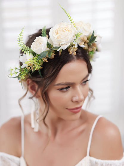 Künstliche Elfenbeinfarbene Brautgirlanden Stirnbänder Hochzeitsblumenkronen mit Champagnerband