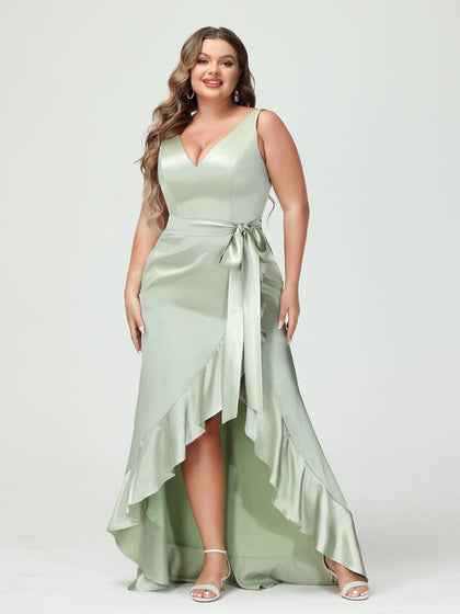 Etui-/Säulen-Kleid mit V-Ausschnitt Ärmellos Rüschen Hoch-Niedrig Plus-Size-Kleider mit Taschen Und Schärpe