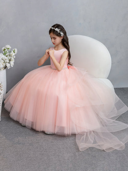 Tüll-Ballkleid/Prinzessin-Rüschen-Blumenmädchenkleider mit Perlen Und Schleife