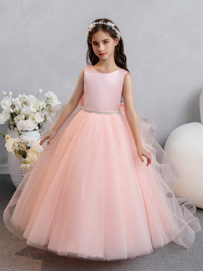 Tüll-Ballkleid/Prinzessin-Rüschen-Blumenmädchenkleider mit Perlen Und Schleife