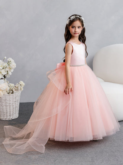 Tüll-Ballkleid/Prinzessin-Rüschen-Blumenmädchenkleider mit Perlen Und Schleife