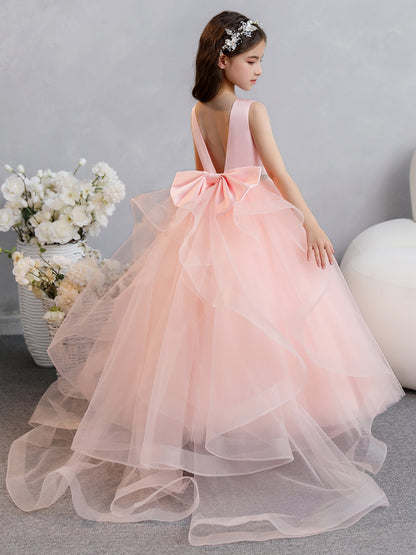 Tüll-Ballkleid/Prinzessin-Rüschen-Blumenmädchenkleider mit Perlen Und Schleife