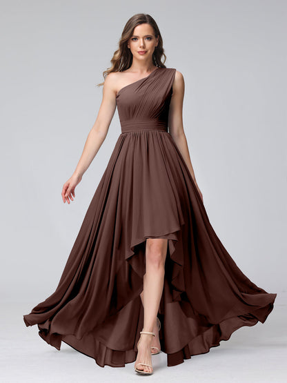 A-Linie One-Shoulder-Kleid Ärmellos Chiffon High-Low-Brautjungfernkleid mit Taschen