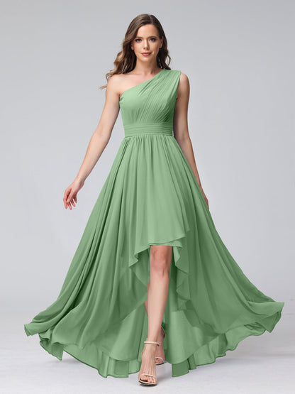 A-Linie One-Shoulder-Kleid Ärmellos Chiffon High-Low-Brautjungfernkleid mit Taschen