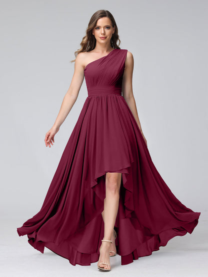 A-Linie One-Shoulder-Kleid Ärmellos Chiffon High-Low-Brautjungfernkleid mit Taschen