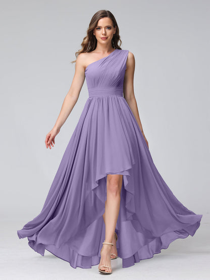 A-Linie One-Shoulder-Kleid Ärmellos Chiffon High-Low-Brautjungfernkleid mit Taschen