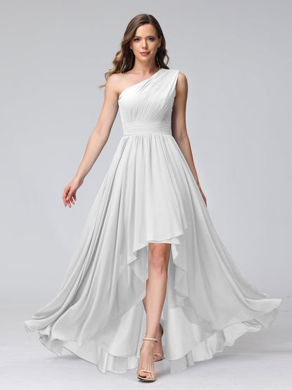 A-Linie One-Shoulder-Kleid Ärmellos Chiffon High-Low-Brautjungfernkleid mit Taschen