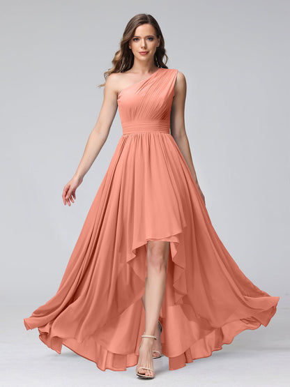 A-Linie One-Shoulder-Kleid Ärmellos Chiffon High-Low-Brautjungfernkleid mit Taschen