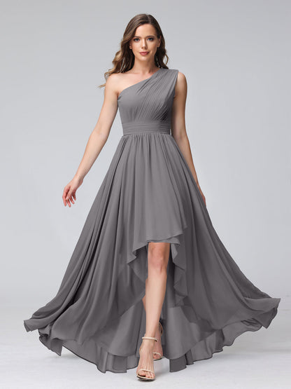 A-Linie One-Shoulder-Kleid Ärmellos Chiffon High-Low-Brautjungfernkleid mit Taschen