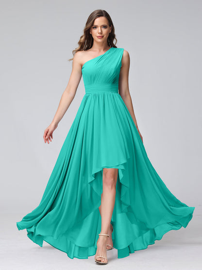 A-Linie One-Shoulder-Kleid Ärmellos Chiffon High-Low-Brautjungfernkleid mit Taschen