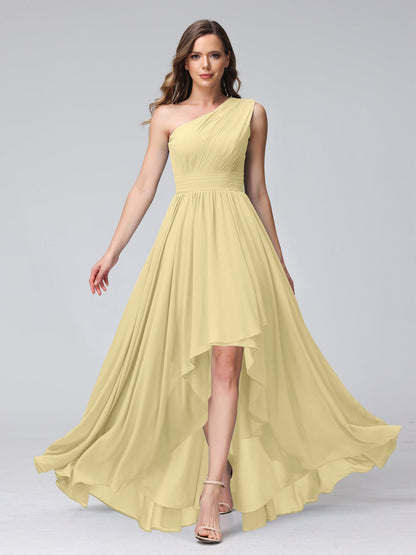 A-Linie One-Shoulder-Kleid Ärmellos Chiffon High-Low-Brautjungfernkleid mit Taschen