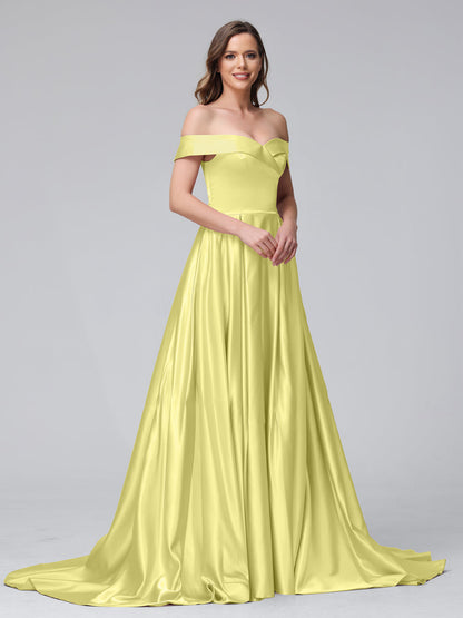 A-Linie Schulterfreies Langes Satin-Abendkleid mit Seitlichem Schlitz Und Taschen