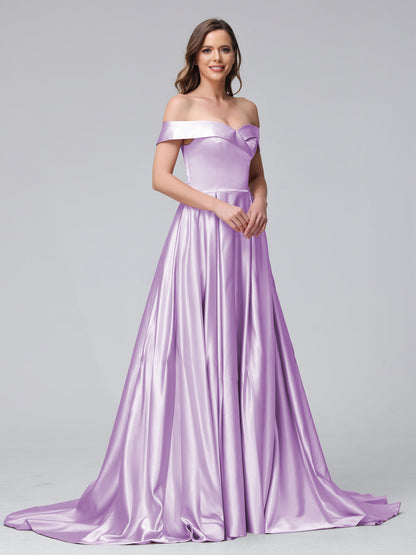 A-Linie Schulterfreies Langes Satin-Abendkleid mit Seitlichem Schlitz Und Taschen