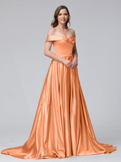 A-Linie Schulterfreies Langes Satin-Abendkleid mit Seitlichem Schlitz Und Taschen