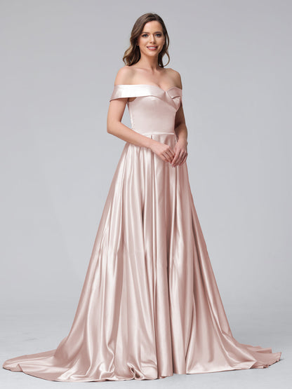 A-Linie Schulterfreies Langes Satin-Abendkleid mit Seitlichem Schlitz Und Taschen