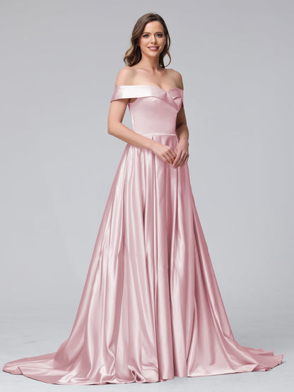 A-Linie Schulterfreies Langes Satin-Abendkleid mit Seitlichem Schlitz Und Taschen