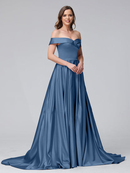 A-Linie Schulterfreies Langes Satin-Abendkleid mit Seitlichem Schlitz Und Taschen