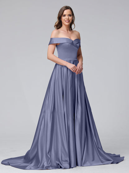 A-Linie Schulterfreies Langes Satin-Abendkleid mit Seitlichem Schlitz Und Taschen