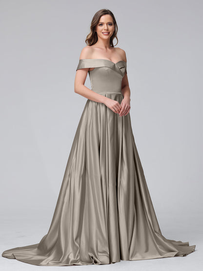 A-Linie Schulterfreies Langes Satin-Abendkleid mit Seitlichem Schlitz Und Taschen