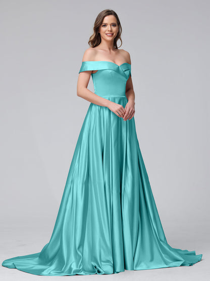 A-Linie Schulterfreies Langes Satin-Abendkleid mit Seitlichem Schlitz Und Taschen