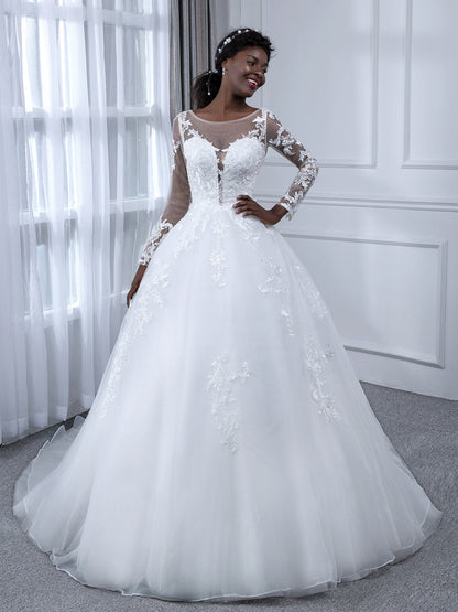 Brautkleider in Duchesse-Linie aus Transparentem Tüll mit Langen Ärmeln Und Applikationen